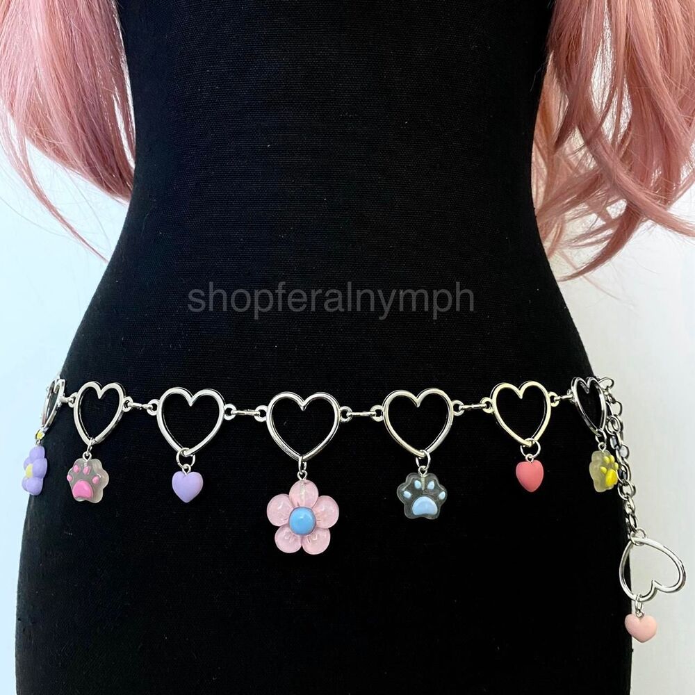 Y2K Dopamine Pastel Paw Flower Handmade Chain Belt, Fits 26-44 Inches, X7GA1420